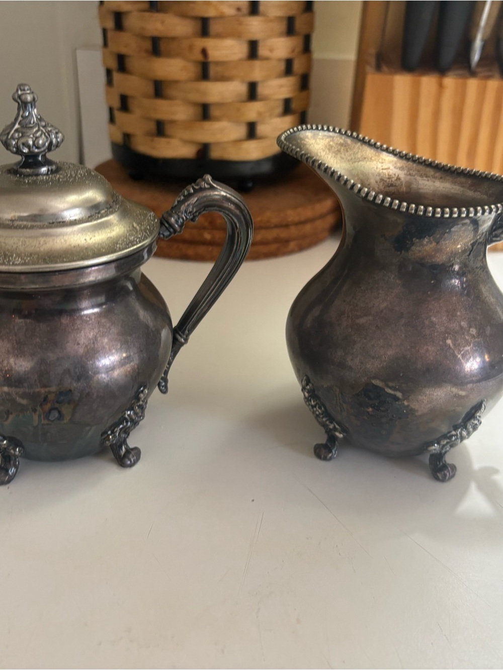 Antique-Style Silver Creamer and Sugar Set - Tarnished Silver Accent
